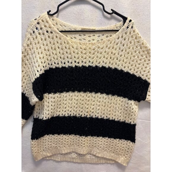Joan Vass Studio Womens Open Knit Sweater With Black Stripes L Acrylic & Wool Bl - Picture 2 of 10